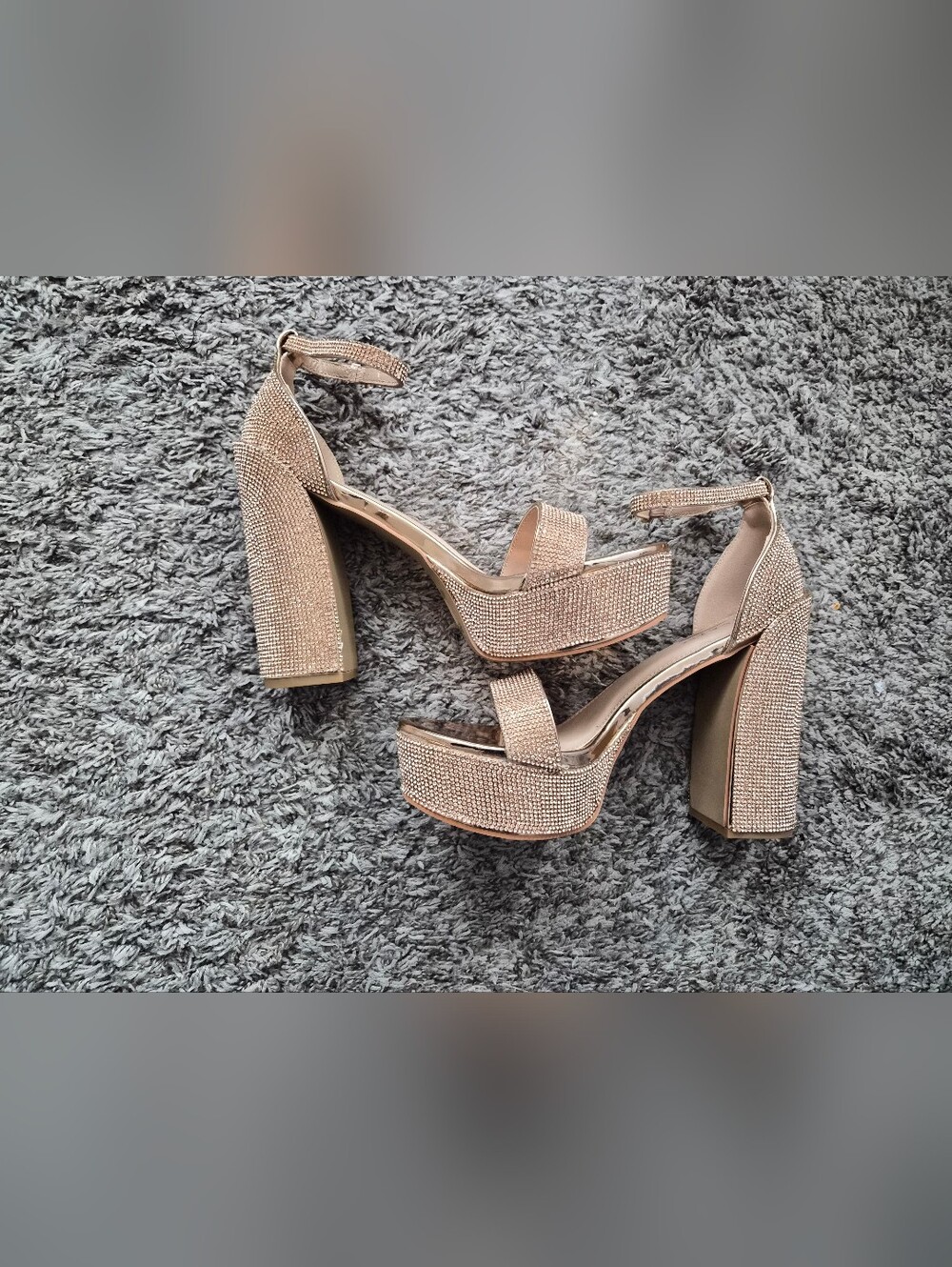 Platform Rhinestone Ankle-Strap Block Heels in Rose Gold, Size 9, New In Box